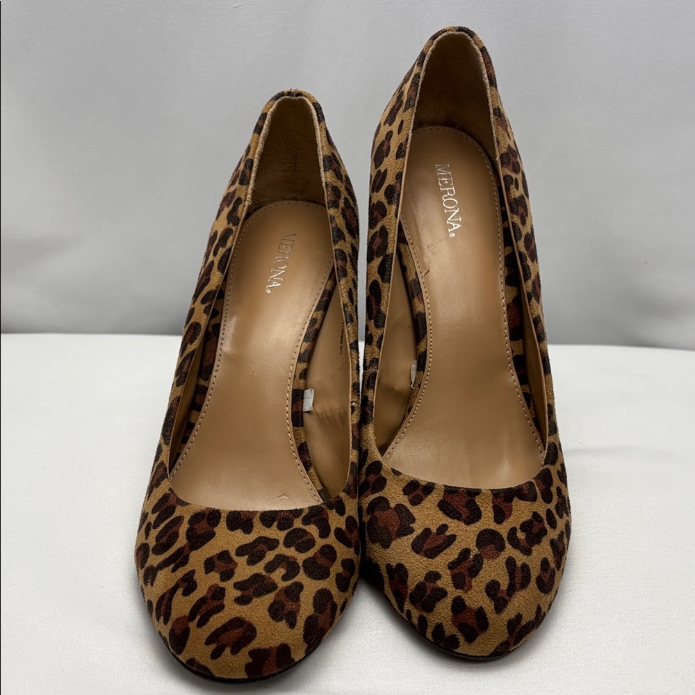 Merona Etta High Heel Women’s Sz8.5 Tan and Brown Leopard Print Chucky Heel#0252